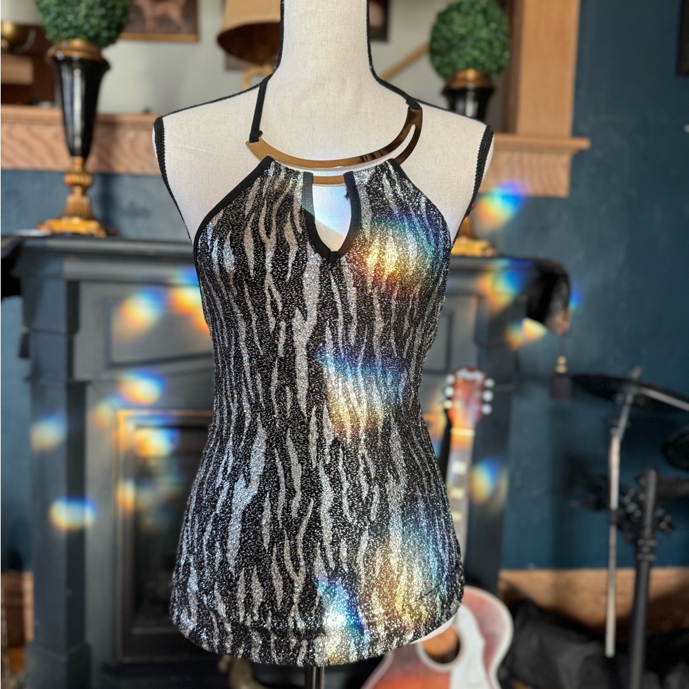 Silver Sleeveless Sequin Cut Out Tank Top